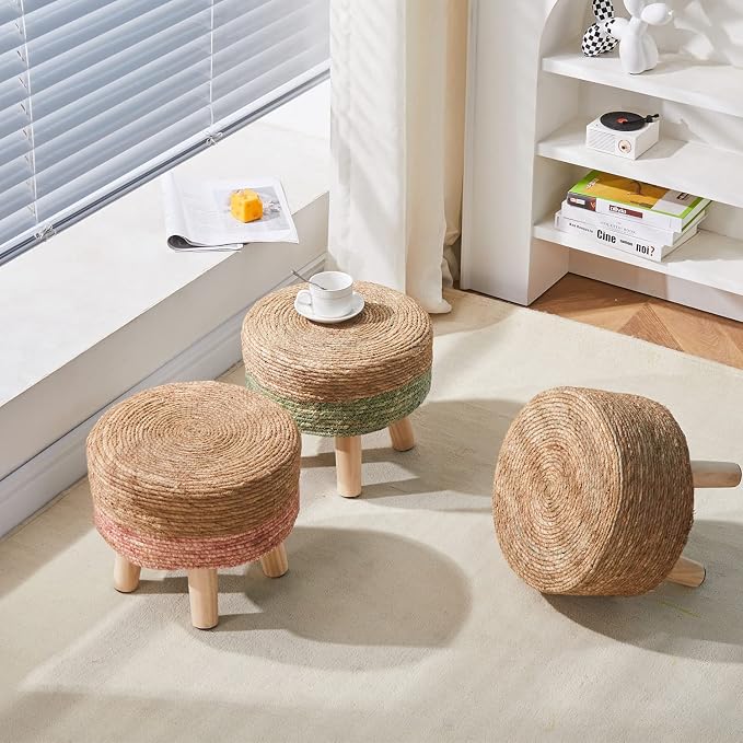Wimarsbon Round Foot Stool Natural Seagrass Poufs Ottoman Hand Weave Footrest - Image 5