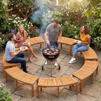 Tangkula Outdoor Curved Bench, Acacia Wood Fire Pit Bench w/Slatted Seat - Image 2