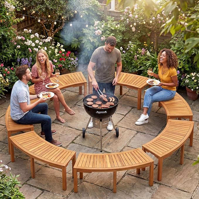 Tangkula Outdoor Curved Bench, Acacia Wood Fire Pit Bench w/Slatted Seat - Image 5