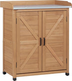 Outdoor Potting Bench with Storage Cabinet and Metal Top, Wood Workstation by Wood-Natrl