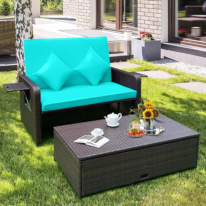 LDAILY Moccha Outdoor Daybed, Wicker Loveseat Sofa Set - Image 3