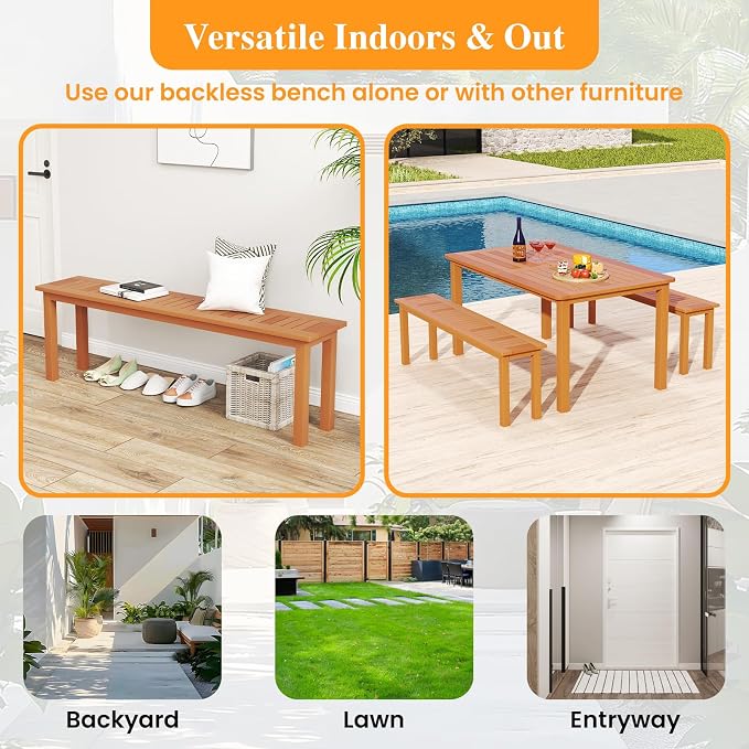 Tangkula Outdoor Wood Bench, 59” Long Patio Dining Bench, Backless Wooden Bench - Image 9