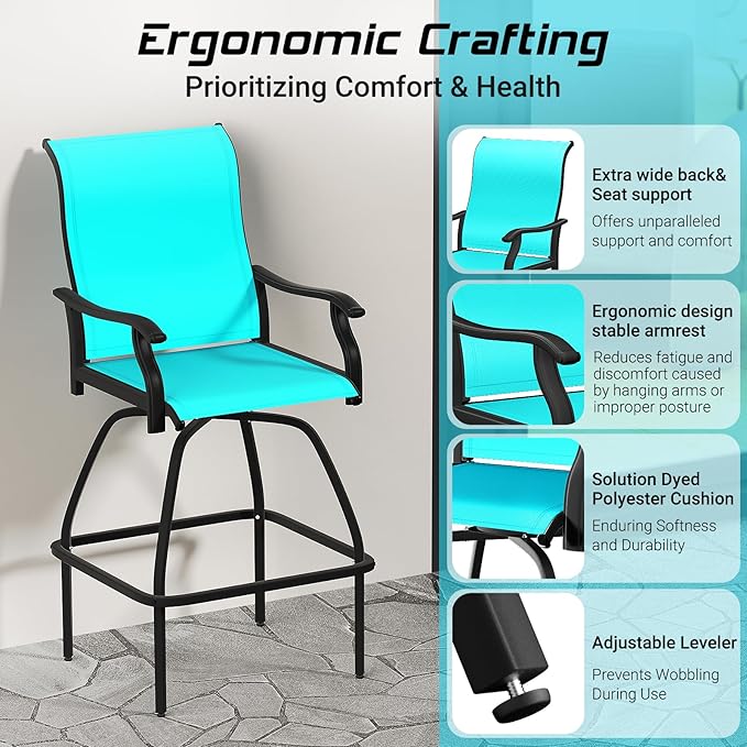 LEVELEVE Patio Bar Set 2pcs Swivel Bar Stools Outdoor Bistro Textilene - Image 5