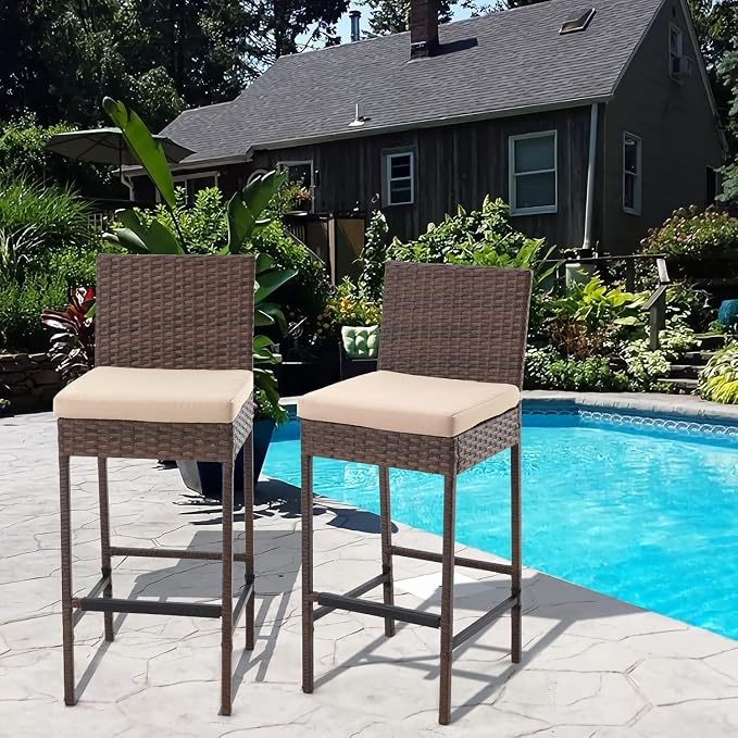 ECOTOUGE Patio Bar Stools Set of 2, Wicker Barstools - Image 2