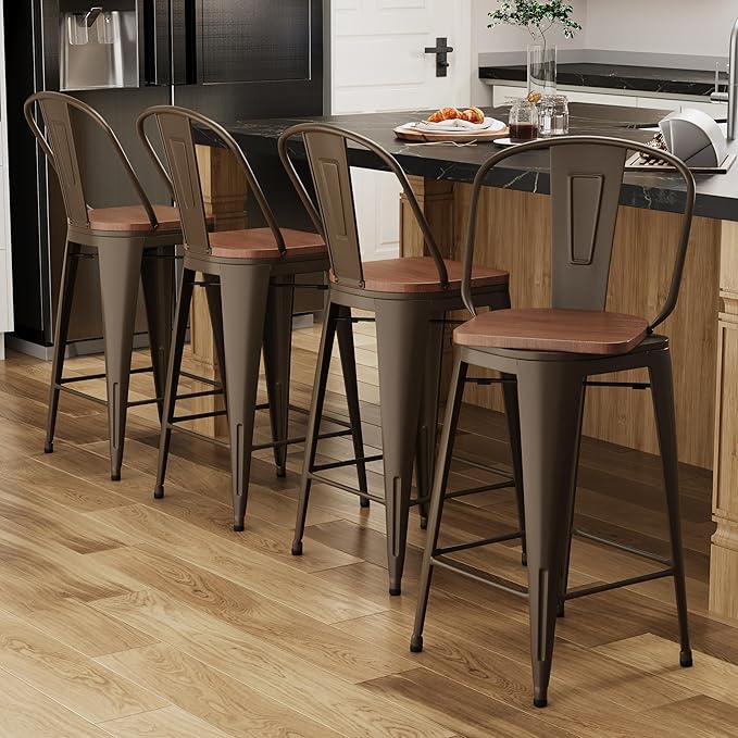 Alunaune 24" Swivel Metal Counter Height Bar Stools Set of 4 High Back by HomeFurniture