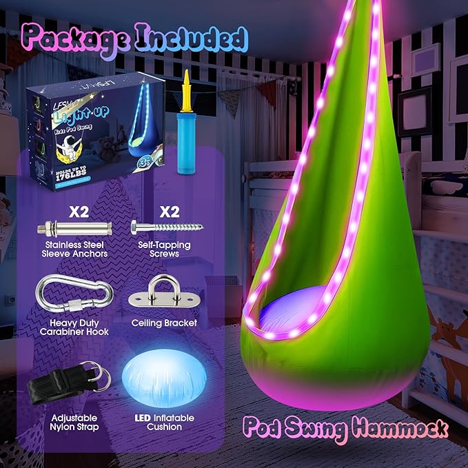 Light Up Kids Pod Swing Seat, Upgraded Kids Hanging Hammock Swing - Image 4
