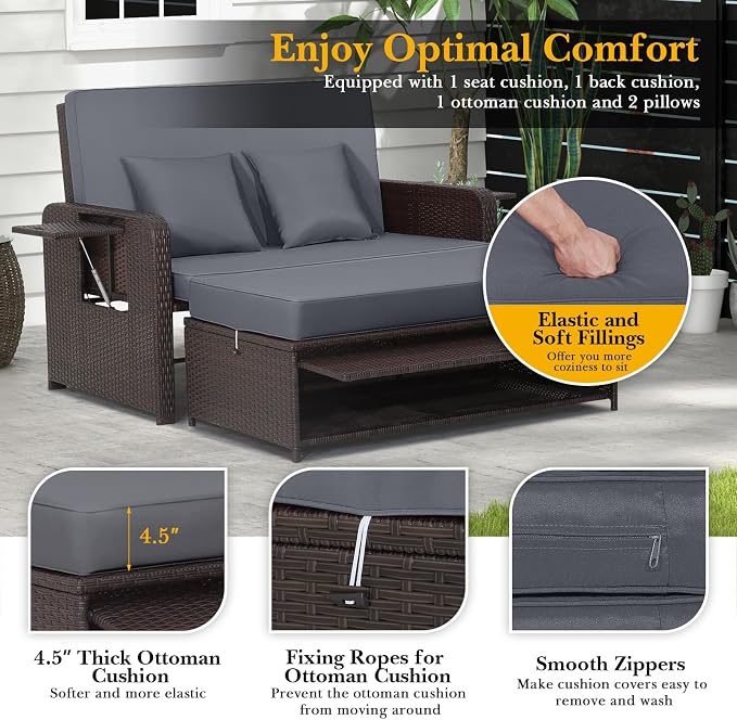 LDAILY Moccha Outdoor Daybed, Wicker Loveseat Sofa Set - Image 6