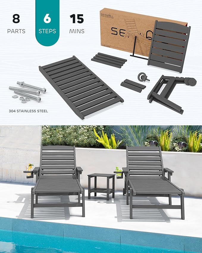 SERWALL Patio Chaise Lounge Chair Set of 6, 5 Positions Adjustable Poly Outdoor - Image 6