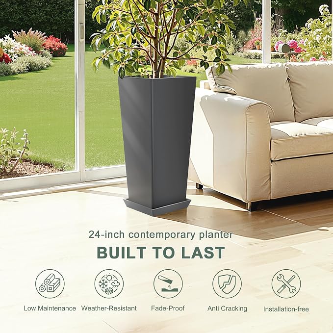 Set of 2 Tall Planters with Drainage Tray, 24 Inch Large Flower Pots - Image 3