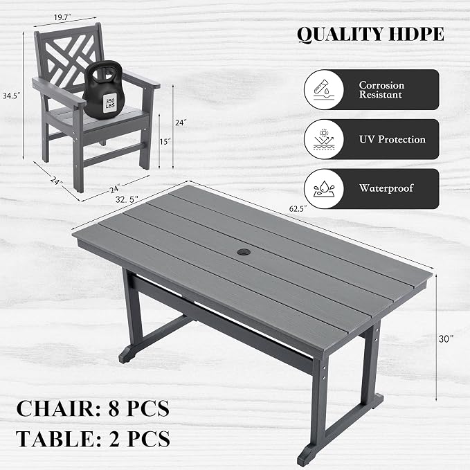 HDPE Dining Table Set for 8, 10-Piece Outdoor Table and Chairs Include 8 Dining - Image 3
