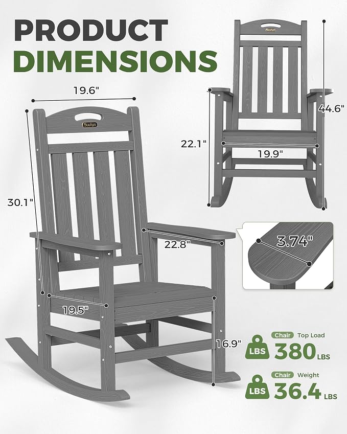 Oversized Rocking Chair Outdoor, High Back Porch Rocker Chair, HDPE All Weather - Image 3