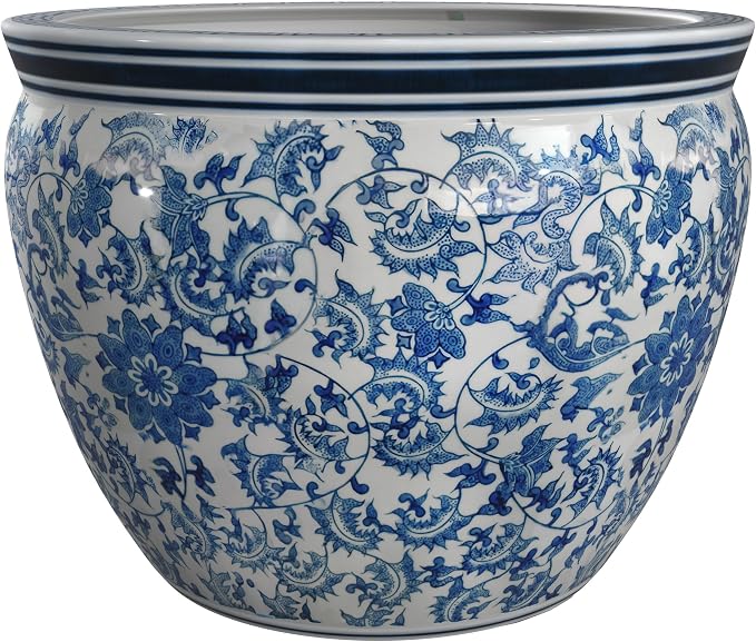 Red Lantern 14" Floral Blue & White Porcelain Fishbowl Planter or Cachepot - Image 6