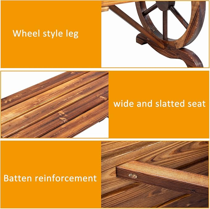 Outvita Wooden Garden Bench, Outdoor Rustic Wagon Wheel Bench - Image 5