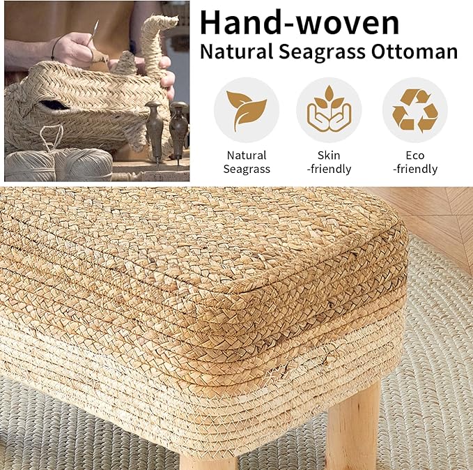 Ottoman Foot Stool Rectangular Footrest Natural Seagrass Footstool - Image 7