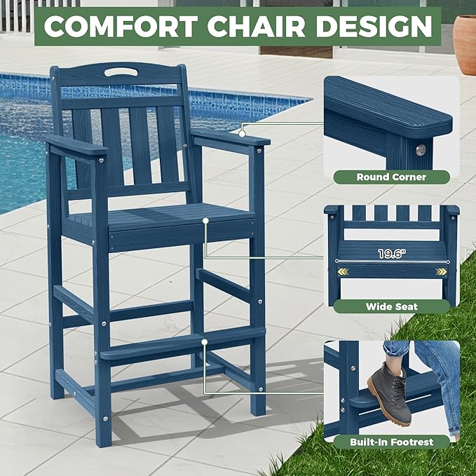 HDPE Outdoor Patio Tall Bar Chair, All-Weather Bar Height Balcony Adirondack - Image 3