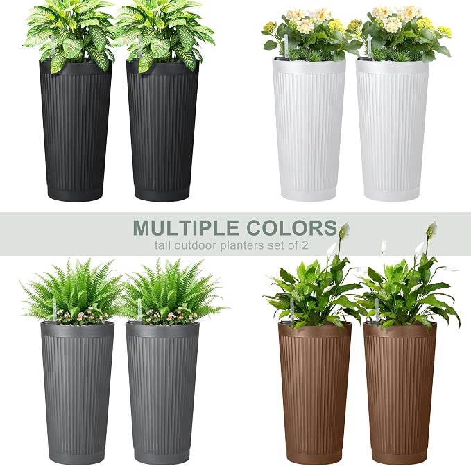 Self Watering Tall Black Planters Outdoor Set of 2, 24” Flower Pots Planters - Image 6