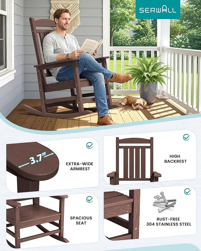 SERWALL HDPE Outdoor Rocking Chair Set of 4, Oversized Patio Rocking Chairs - Image 9
