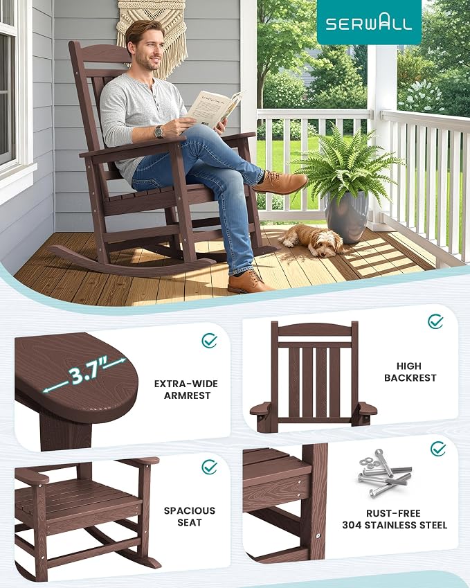 SERWALL HDPE Outdoor Rocking Chair Set of 4, Oversized Patio Rocking Chairs - Image 7