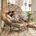 NICESOUL Double Egg Chair with Footstools & Cushions, Oversized Wicker Boho - Image 3