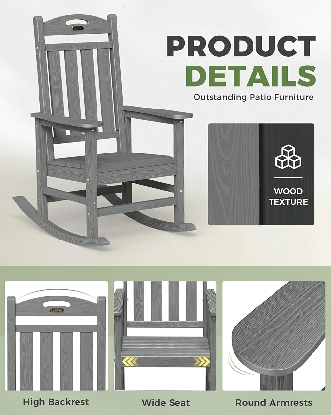 Oversized Outdoor Rocking Chairs Set of 2, High Back Porch Rocker Chair - Image 6
