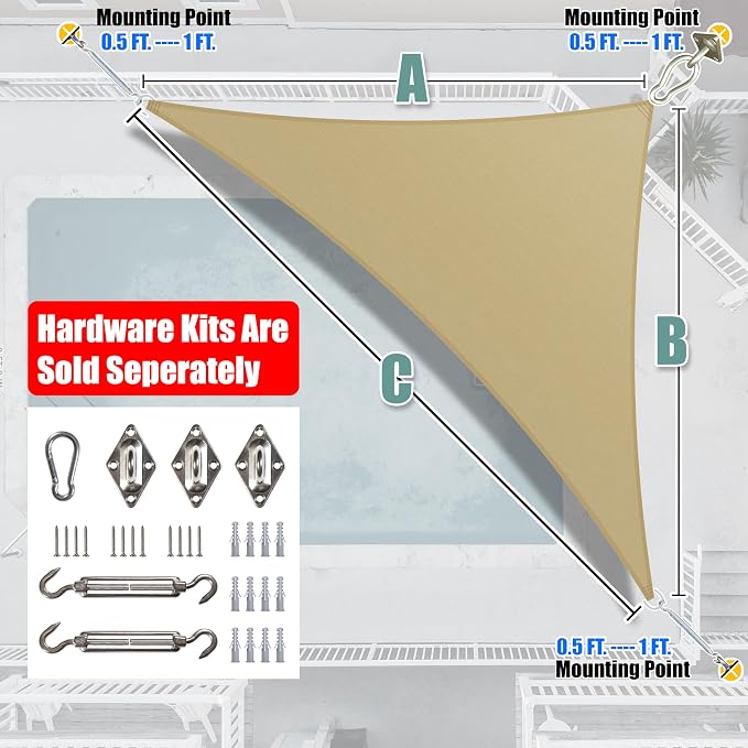 Amgo 24' x 24' x 33.9' Beige Right Triangle Sun Shade Sail UPF50+ Canopy Awning - Image 7