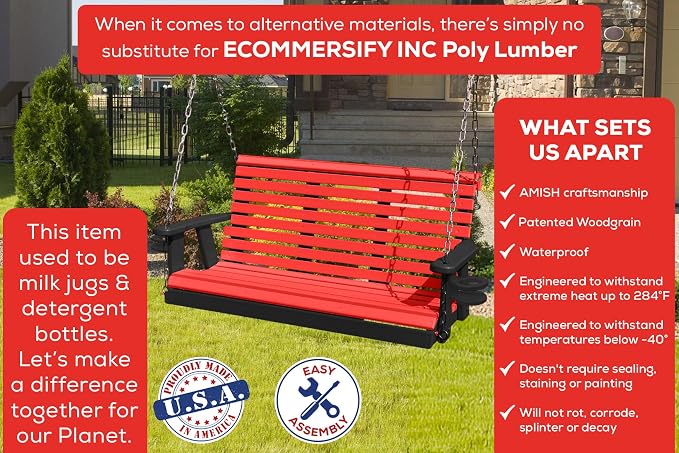 Poly Lumber Wood 5FT Porch Swing Amish Craftsmandship Made in USA HDPE - Image 3