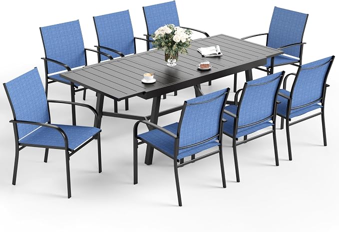 9 Piece Patio Dining Set for 8, Rectangular Extendable Dining Table, 8 Metal - Image 8