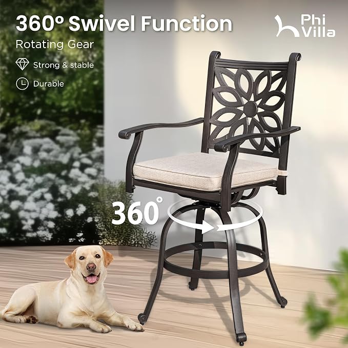 PHI VILLA Outdoor Swivel Bar Stools Set of 4, Cast Aluminum Patio Pub Height - Image 2