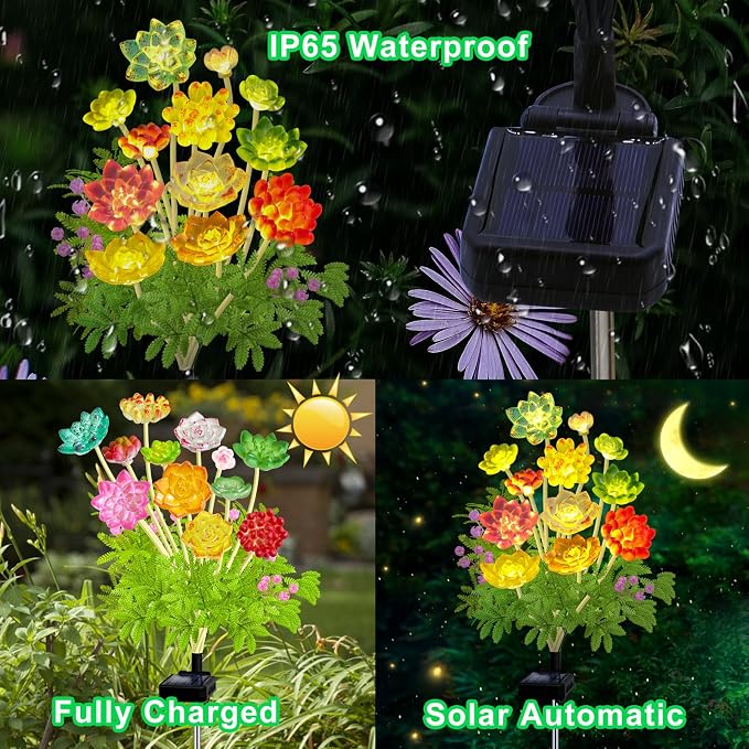 Kohlrabi Solar Garden Lights Outdoor, Upgraded 4 Pack Succulent Solar Lights - Image 5