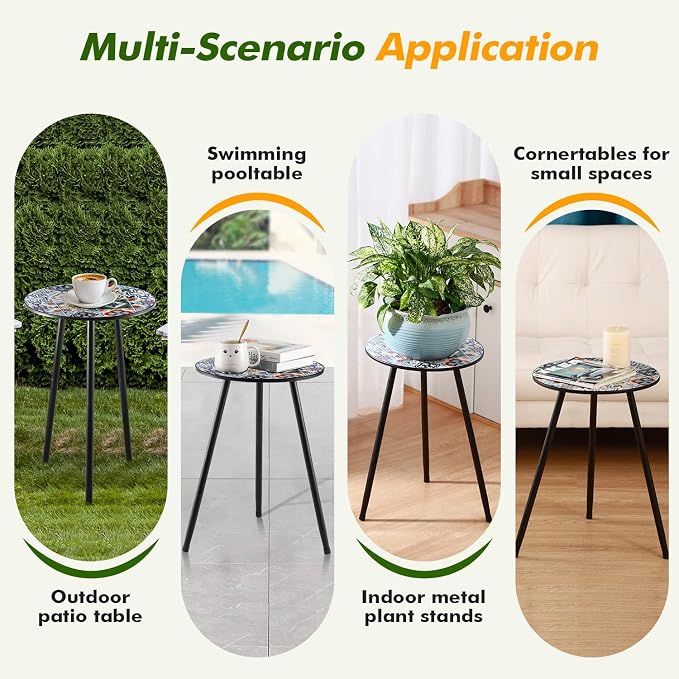 2 Packs Metal Mosaic Round Side Tables 13.4" Small Outdoor Patio Round Accent - Image 6