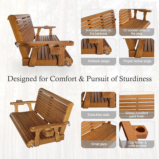 Wooden Porch Swing 2-Seater, High Backrest and Deep Seat, Bench Swing - Image 5