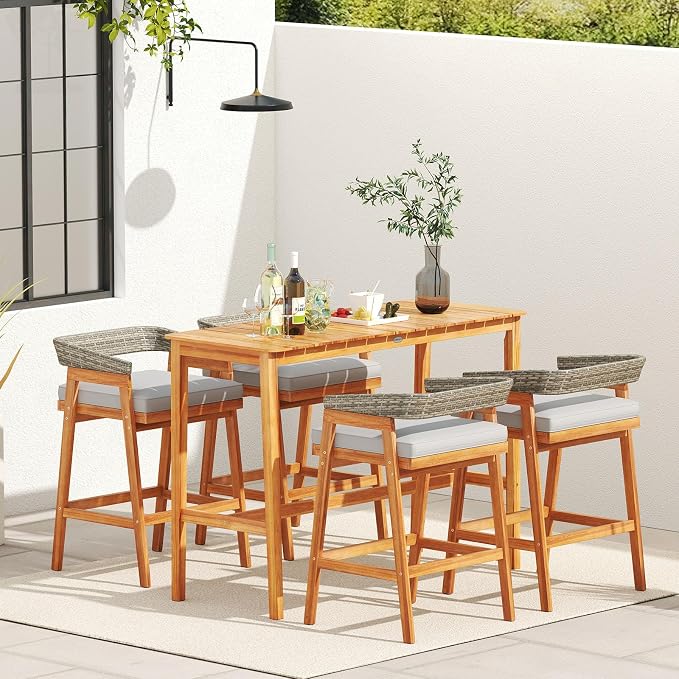 Tangkula Patio Bar Table, 54” x 22” Acacia Wood Counter Height Table - Image 8