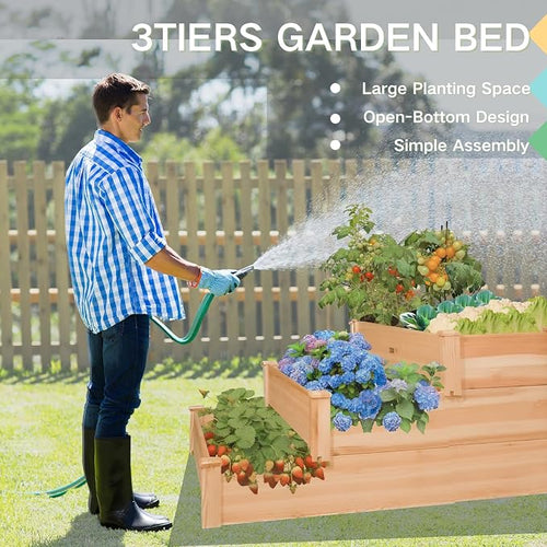 3-Tier Raised Garden Bed with Fabric Liner, Wood Elevated Planter Box with - Image 2