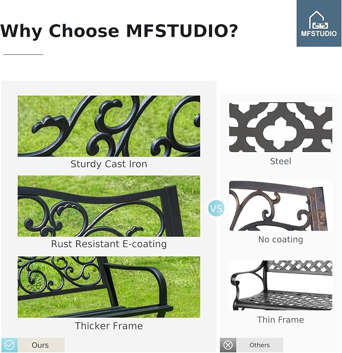 MFSTUDIO 50 Inches Outdoor Garden Bench, Cast Iron Metal Frame Patio Park Bench - Image 8