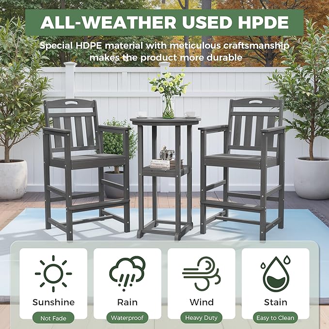 Outdoor Bistro Bar Set, Patio High Top Table and Bar Height Tall Adirondack - Image 3