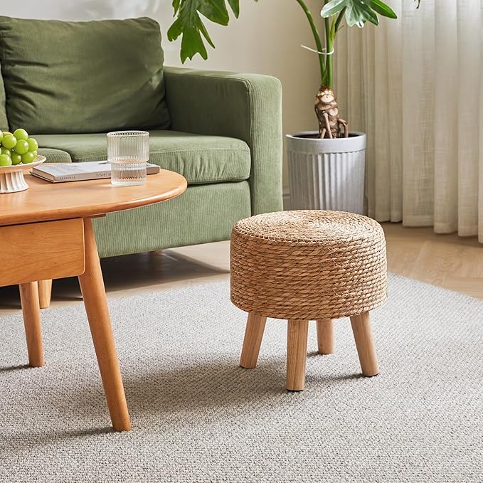 YMYNY Foot Stool Natural Seagrass Hand Weave, 12.6" Small Ottoman, Round - Image 4