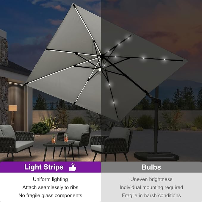 PURPLE LEAF 10 Feet Patio Umbrella Outdoor Cantilever Solar Powered LED Swivel - Image 4