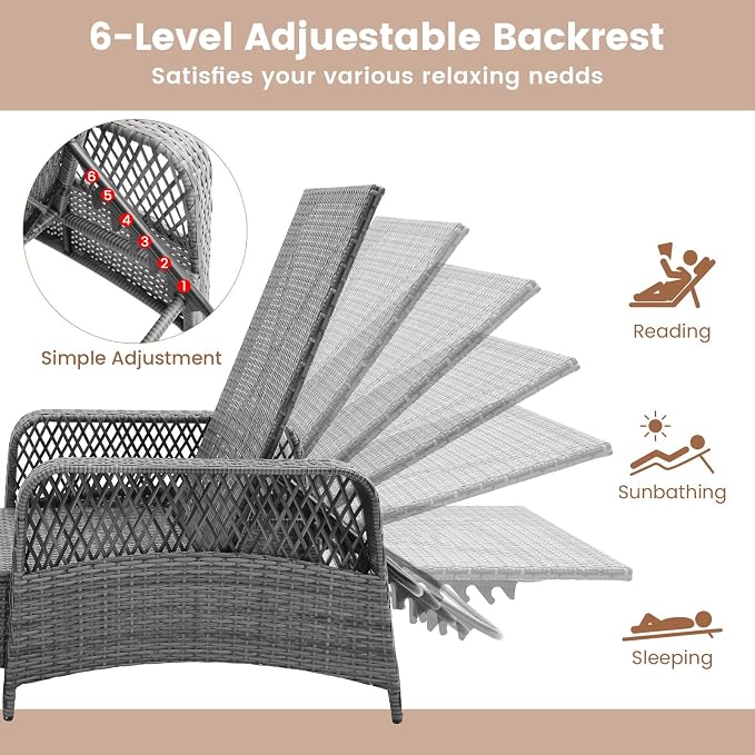Tangkula Wicker Chaise Lounge Outdoor, Patio Rattan Reclining Chaise - Image 5