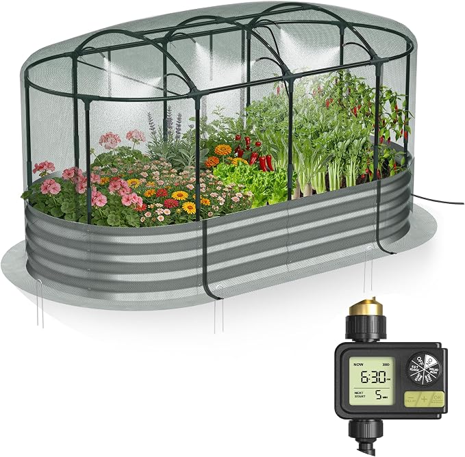 Raised Garden Bed with Sprinkler Timer and Self-Watering System, Galvanized by Lineware