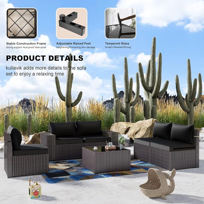 Kullavik 6PCS Outdoor Patio Furniture Set PE Wicker Rattan Sectional Sofa Patio - Image 4