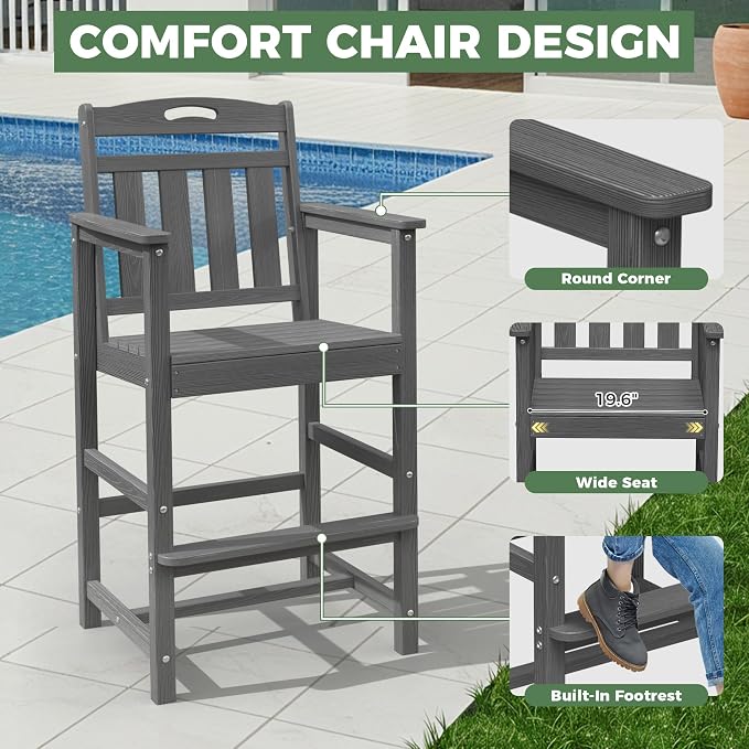 Outdoor Patio Tall Adirondack Bar Chairs Set of 2, All-Weather HDPE Bar Height - Image 3