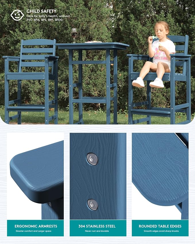 SERWALL Balcony Adirondack Chairs and Table 3 Pieces Set, Adirondack Bar Height - Image 3