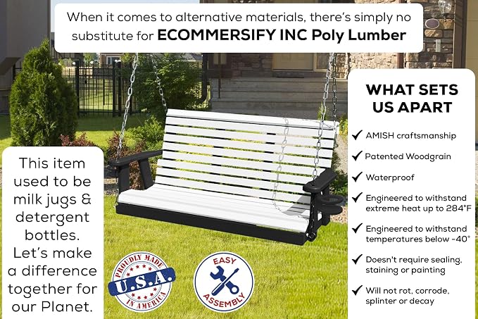 Poly Lumber Wood 5FT Porch Swing Amish Craftsmandship Made in USA HDPE - Image 3