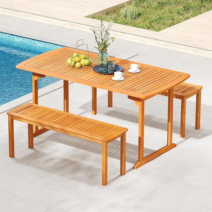 Tangkula 3 Piece Acacia Wood Patio Dining Table Set, Farmhouse Indoor Outdoor - Image 2