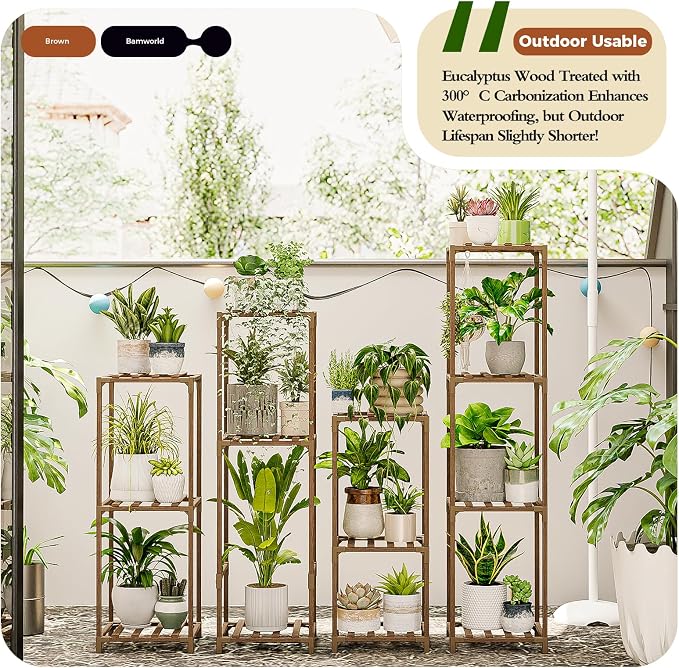 Bamworld 4 Sets Tall Plant Stands Indoor Outdoor Combo Plant Shelves Wooden - Image 2