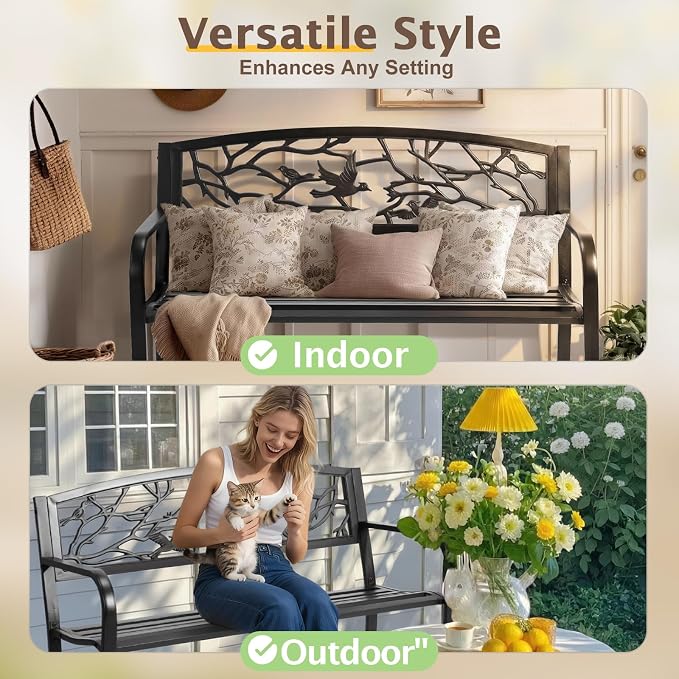 VINGLI Outdoor Bench for Patio Metal Garden Bench w/PVC Back Pattern - Image 7