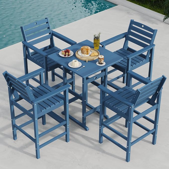 5-Piece Bar Height Outdoor Table and Chairs Set, HDPE Wood Grain Patio Bar by Orbcove