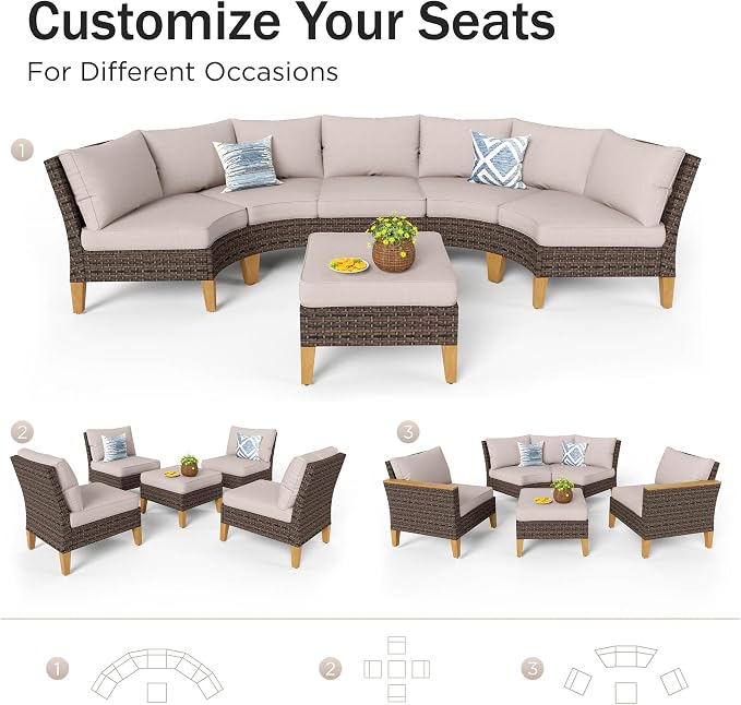 PHI VILLA 8-Piece Wicker Patio Furniture Set, Outdoor Half-Moon Curved - Image 9
