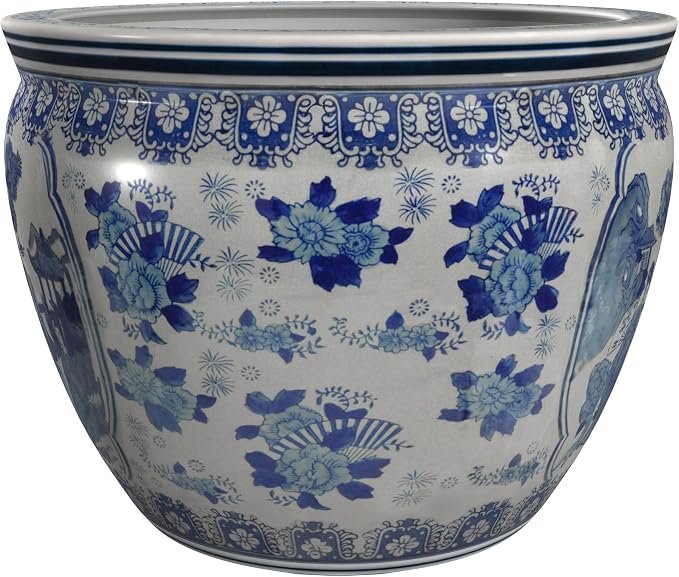 Red Lantern Large 20" Ladies Blue & White Porcelain Fishbowl Planter or Cachepot - Image 6