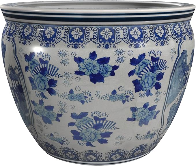 Red Lantern 12" Ladies Blue & White Porcelain Fishbowl Planter or Cachepot - Image 6